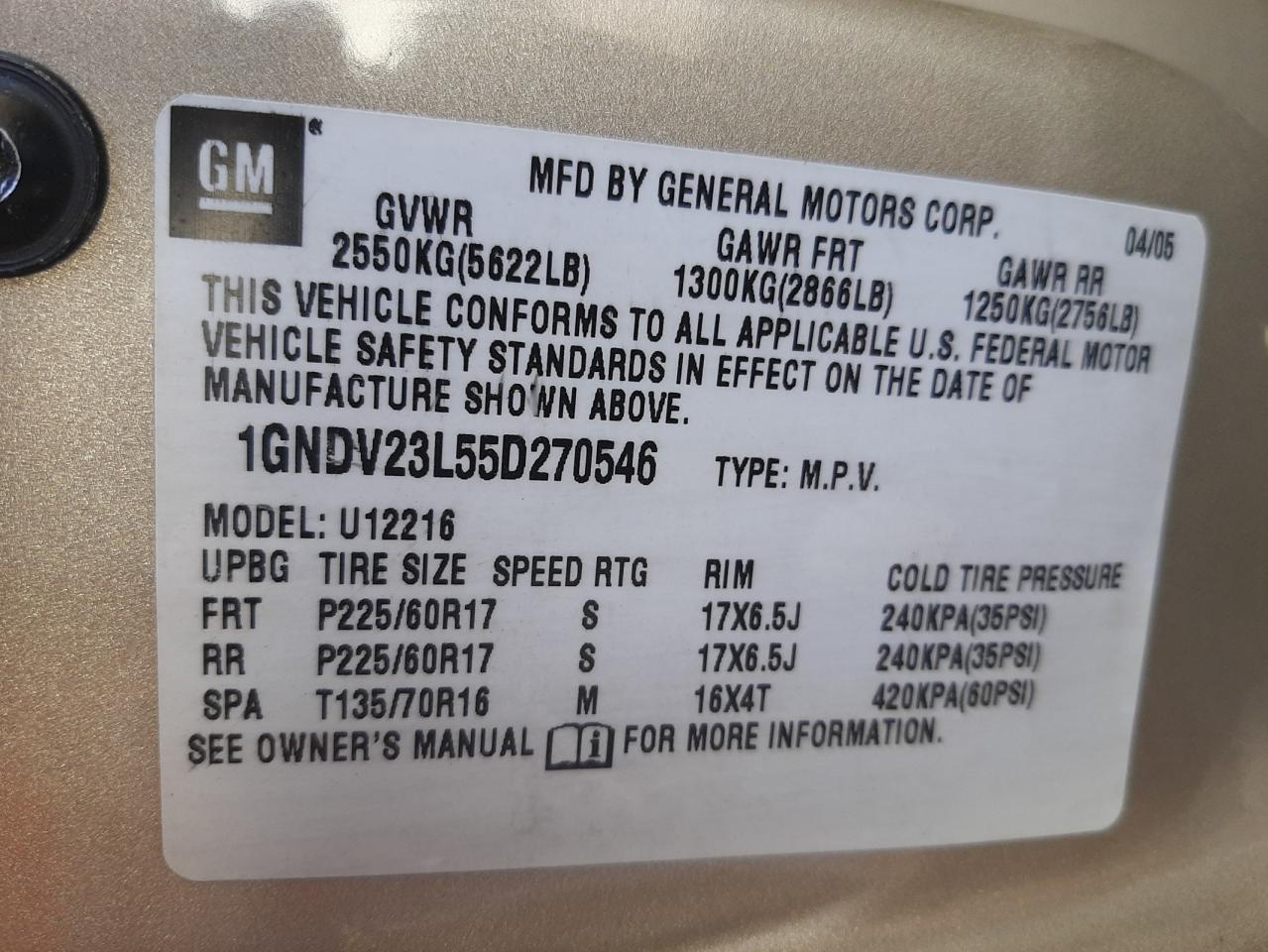 Photo 10 from auction – 2005 CHEVROLET UPLANDER L with VIN 1GNDV23L55D270546