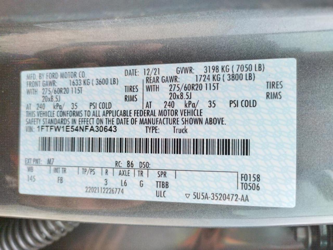 Photo 10 from auction – 2022 FORD F-150 with VIN 1FTFW1E54NFA30643