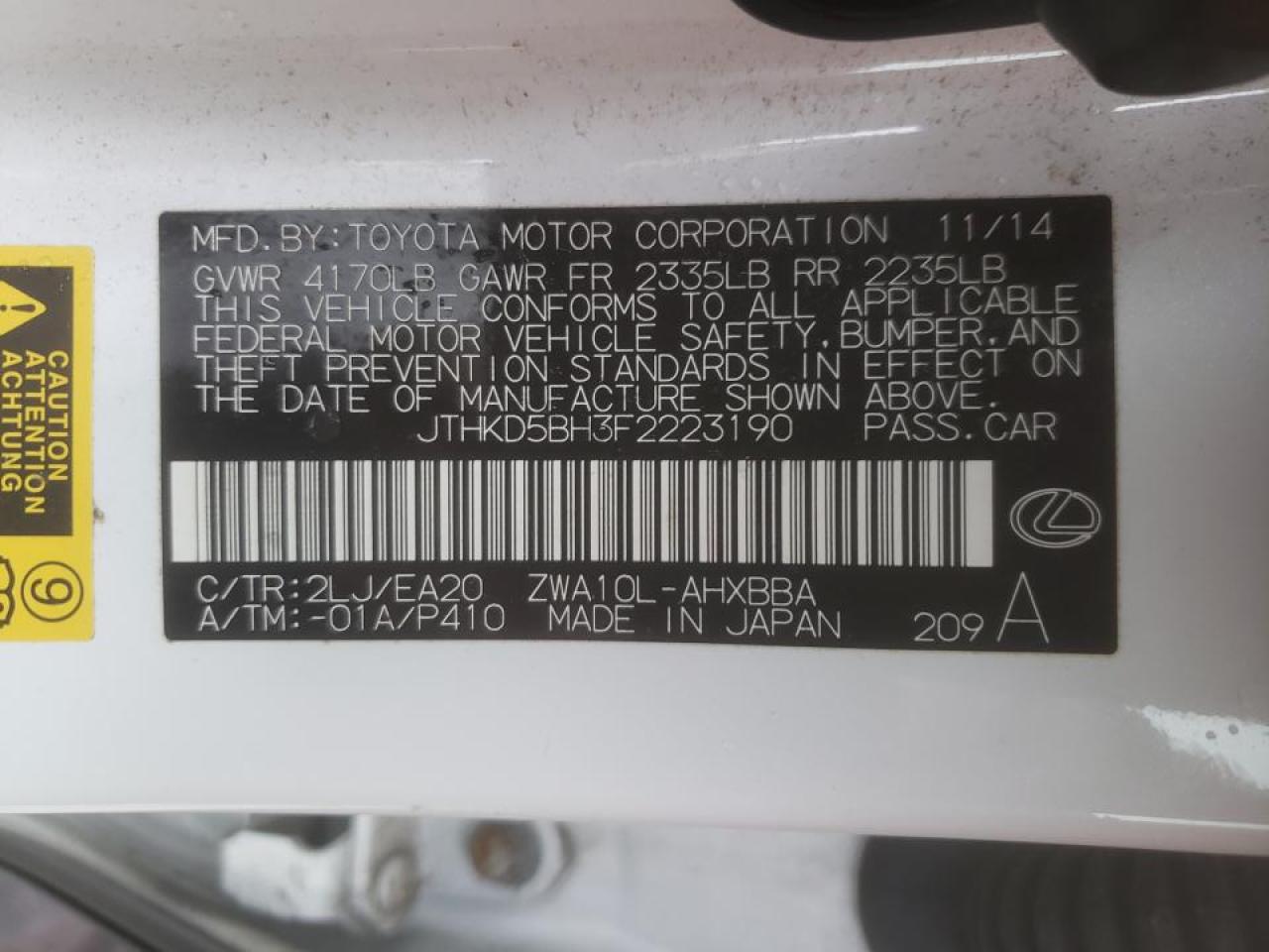 Photo 10 from auction – 2015 LEXUS CT 200 with VIN JTHKD5BH3F2223190