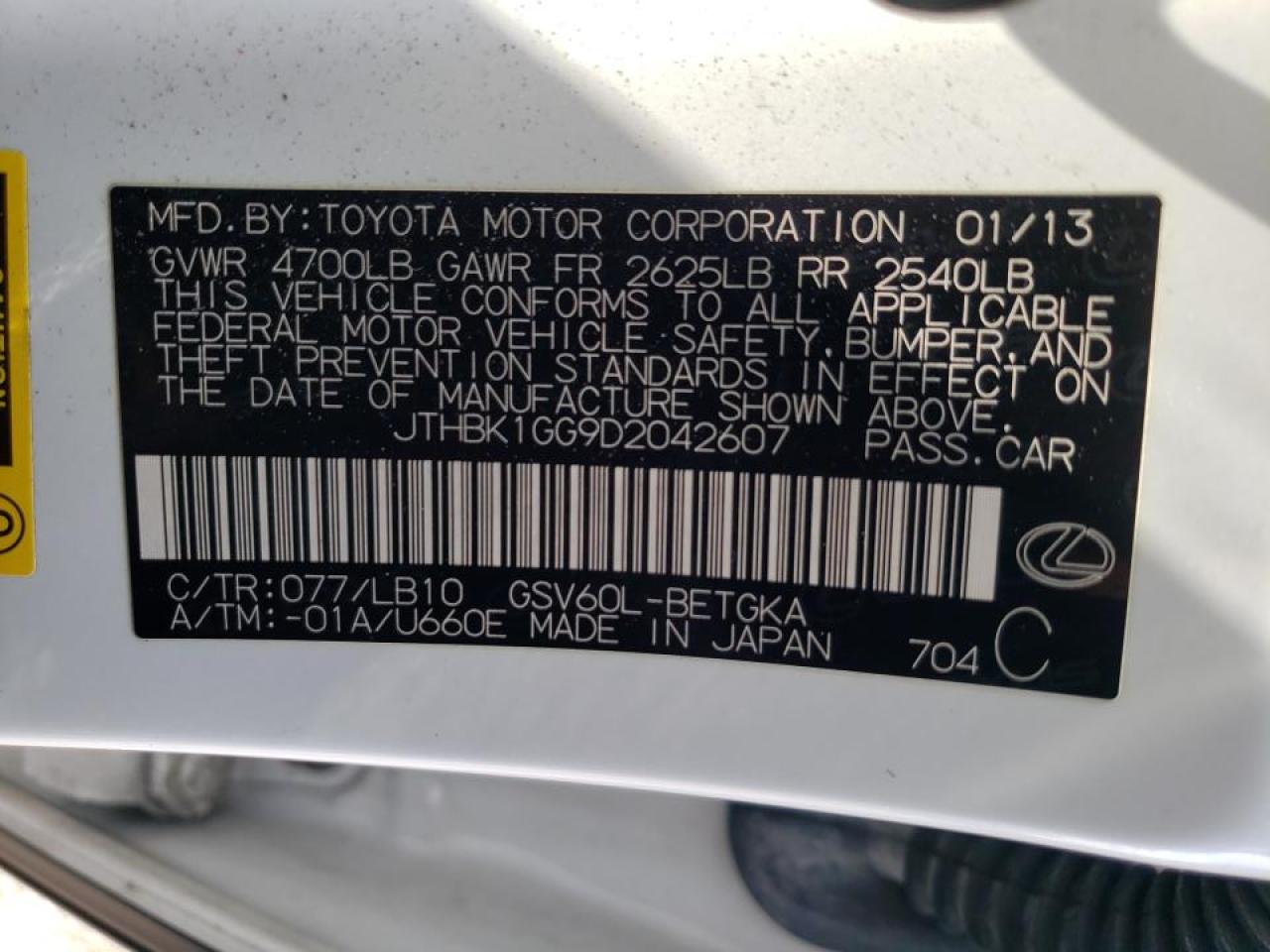 Photo 10 from auction – 2013 LEXUS ES 350 with VIN JTHBK1GG9D2042607