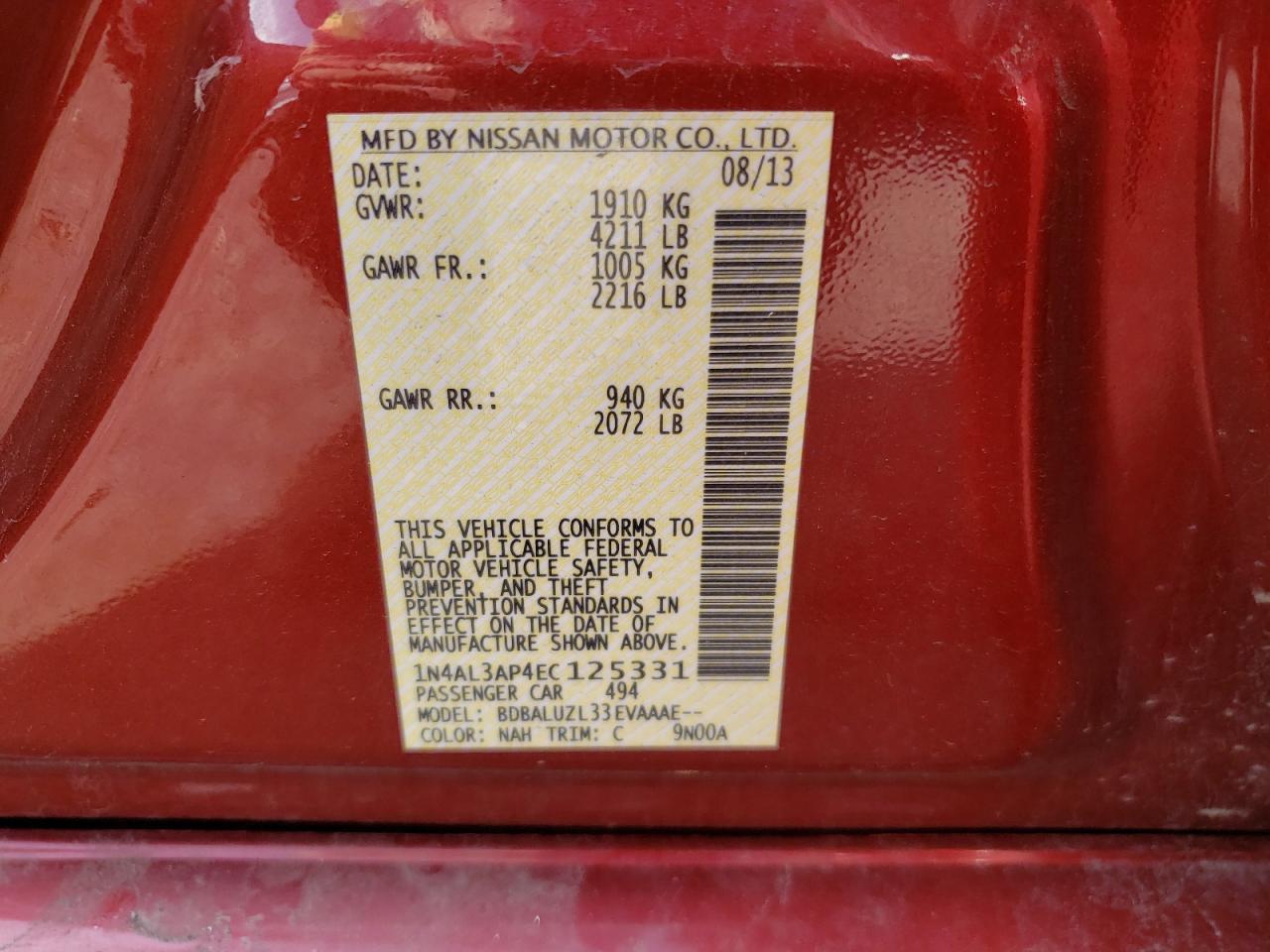Photo 10 from auction – 2014 NISSAN ALTIMA 2.5 with VIN 1N4AL3AP4EC125331