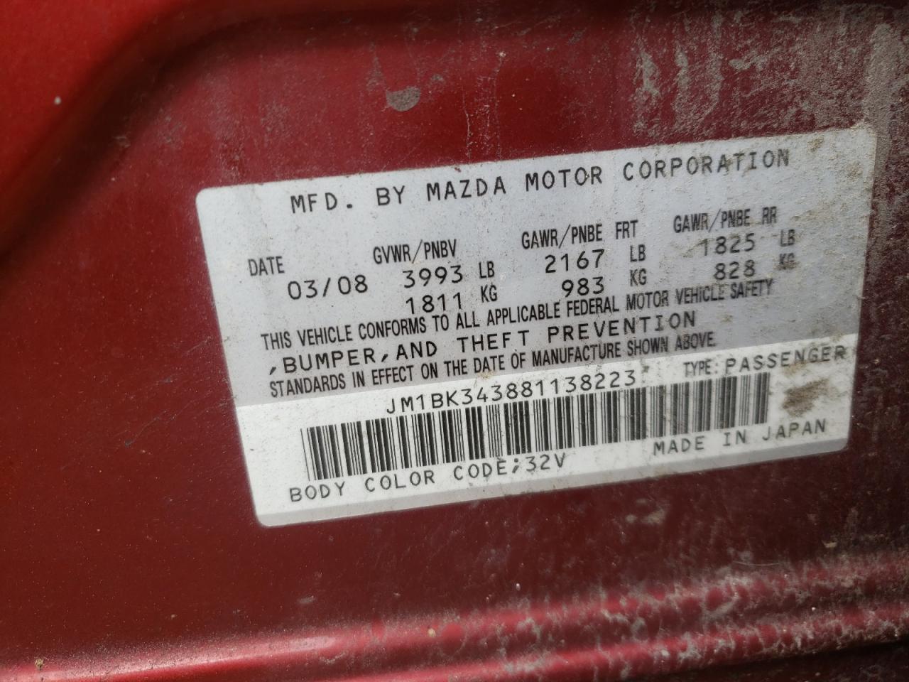 Photo 10 from auction – 2008 MAZDA 3 HATCHBAC with VIN JM1BK343881138223