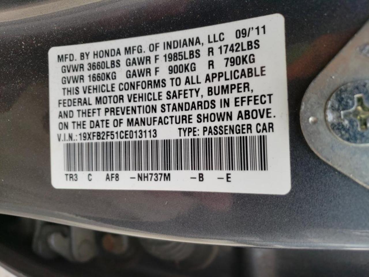 Photo 10 from auction – 2012 HONDA CIVIC LX with VIN 19XFB2F51CE013113