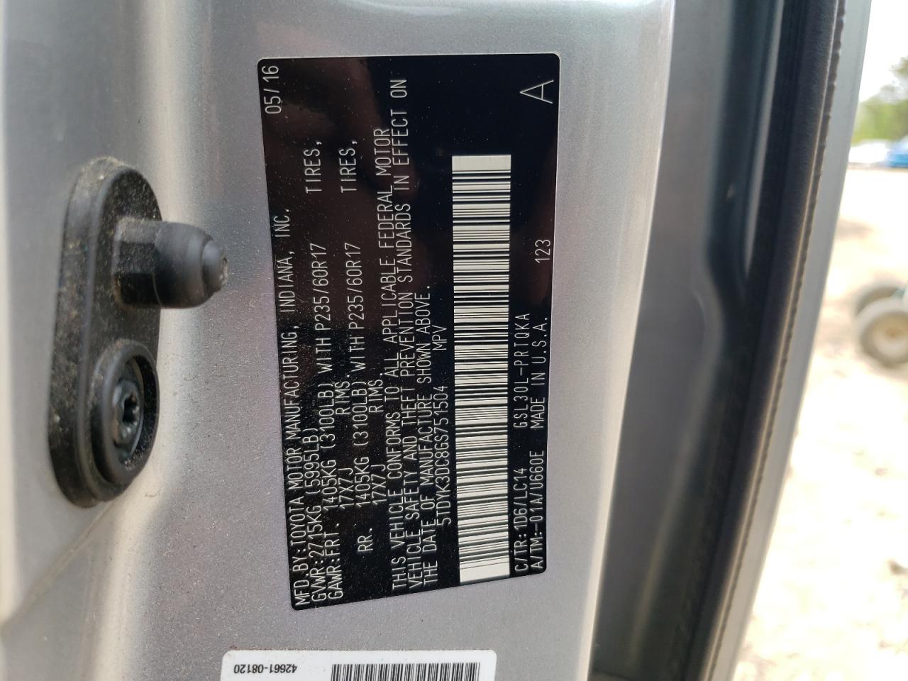 Photo 10 from auction – 2016 TOYOTA SIENNA XLE with VIN 5TDYK3DC8GS751504
