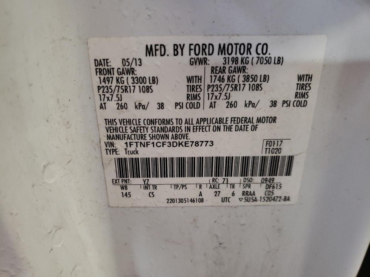 Photo 10 from auction – 2013 FORD F150 with VIN 1FTNF1CF3DKE78773