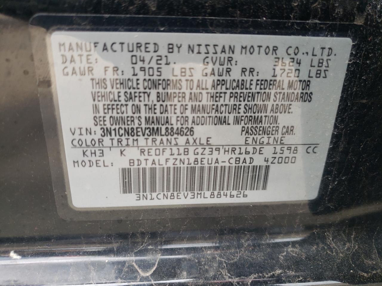 Photo 10 from auction – 2021 NISSAN VERSA SV with VIN 3N1CN8EV3ML884626