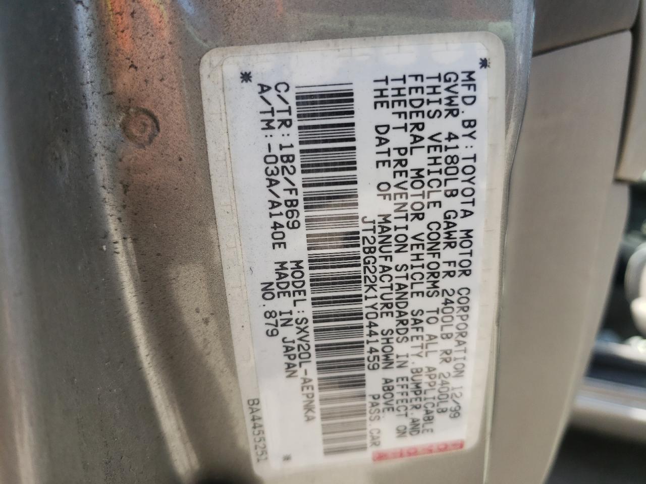 Photo 10 from auction – 2000 TOYOTA CAMRY CE with VIN JT2BG22K1Y0441459