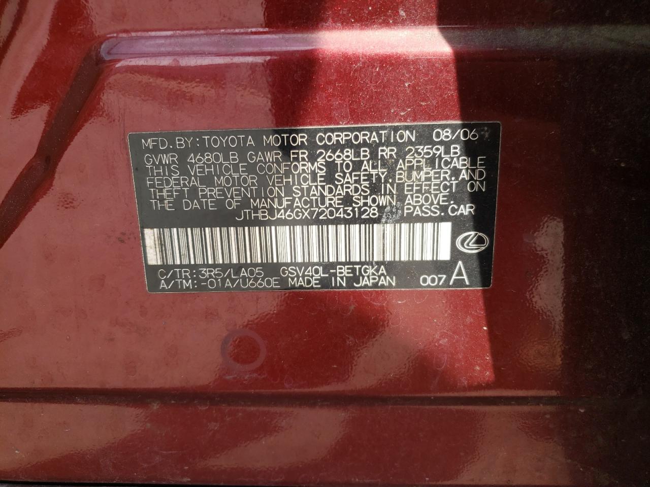 Photo 10 from auction – 2007 LEXUS ES 350 with VIN JTHBJ46GX72043128