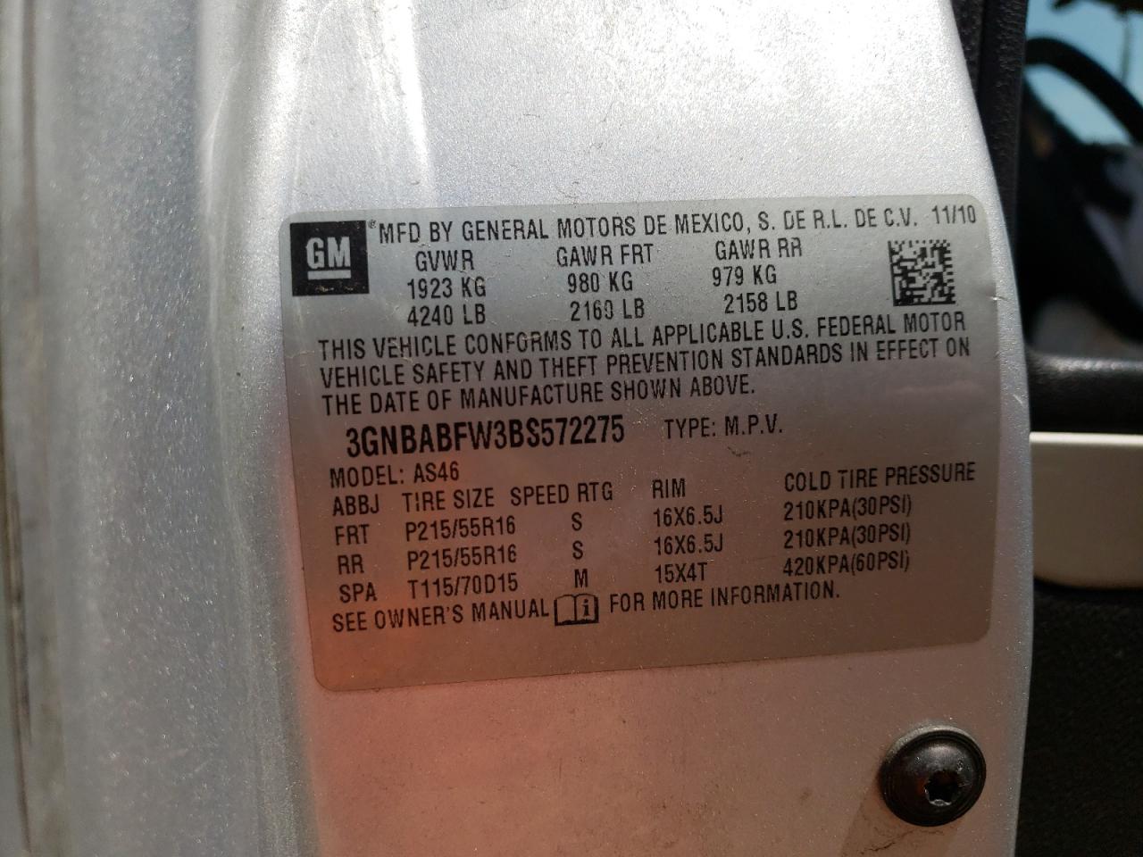 Photo 10 from auction – 2011 CHEVROLET HHR LT with VIN 3GNBABFW3BS572275