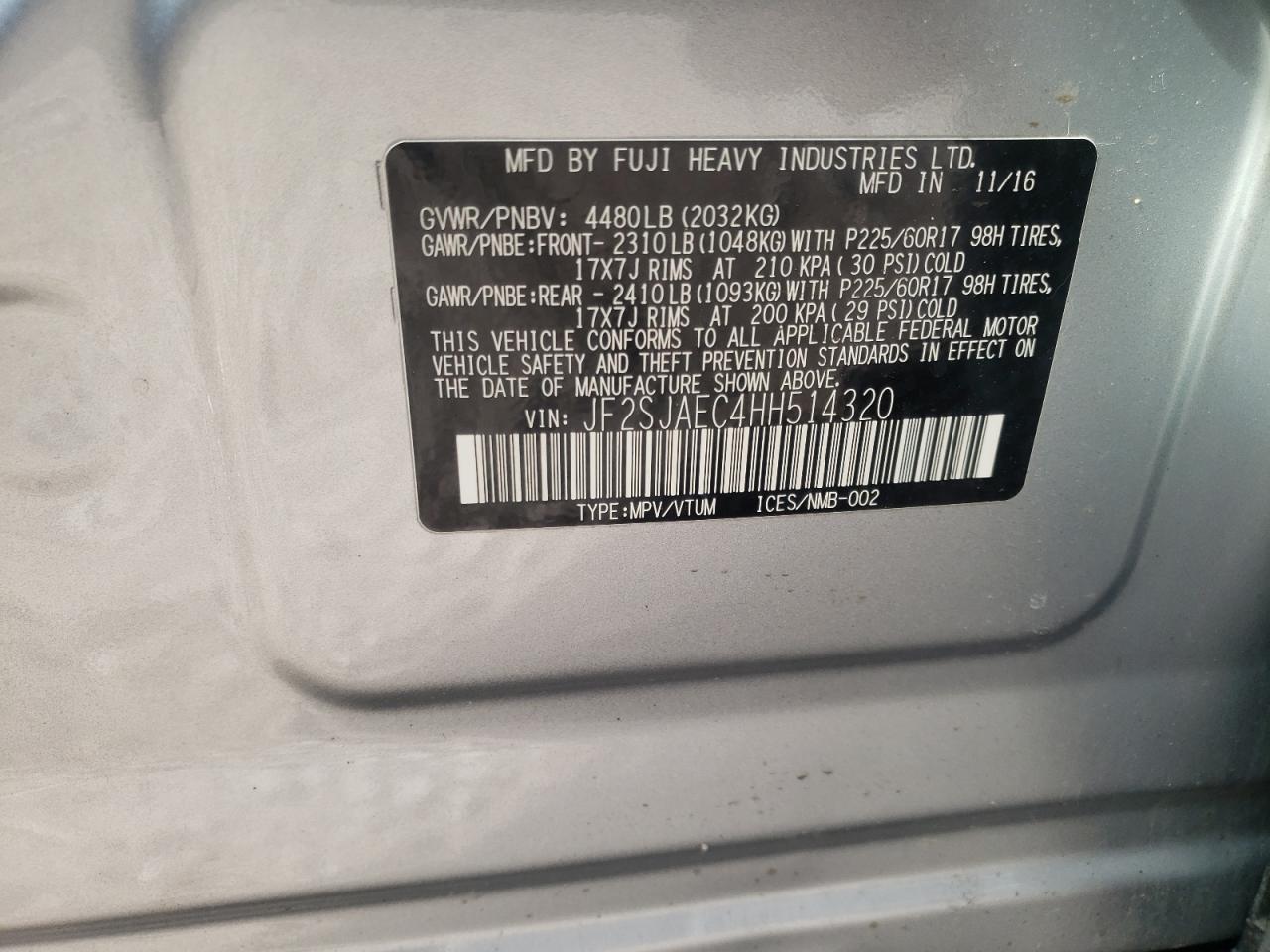 Photo 10 from auction – 2017 SUBARU FORESTER 2 with VIN JF2SJAEC4HH514320