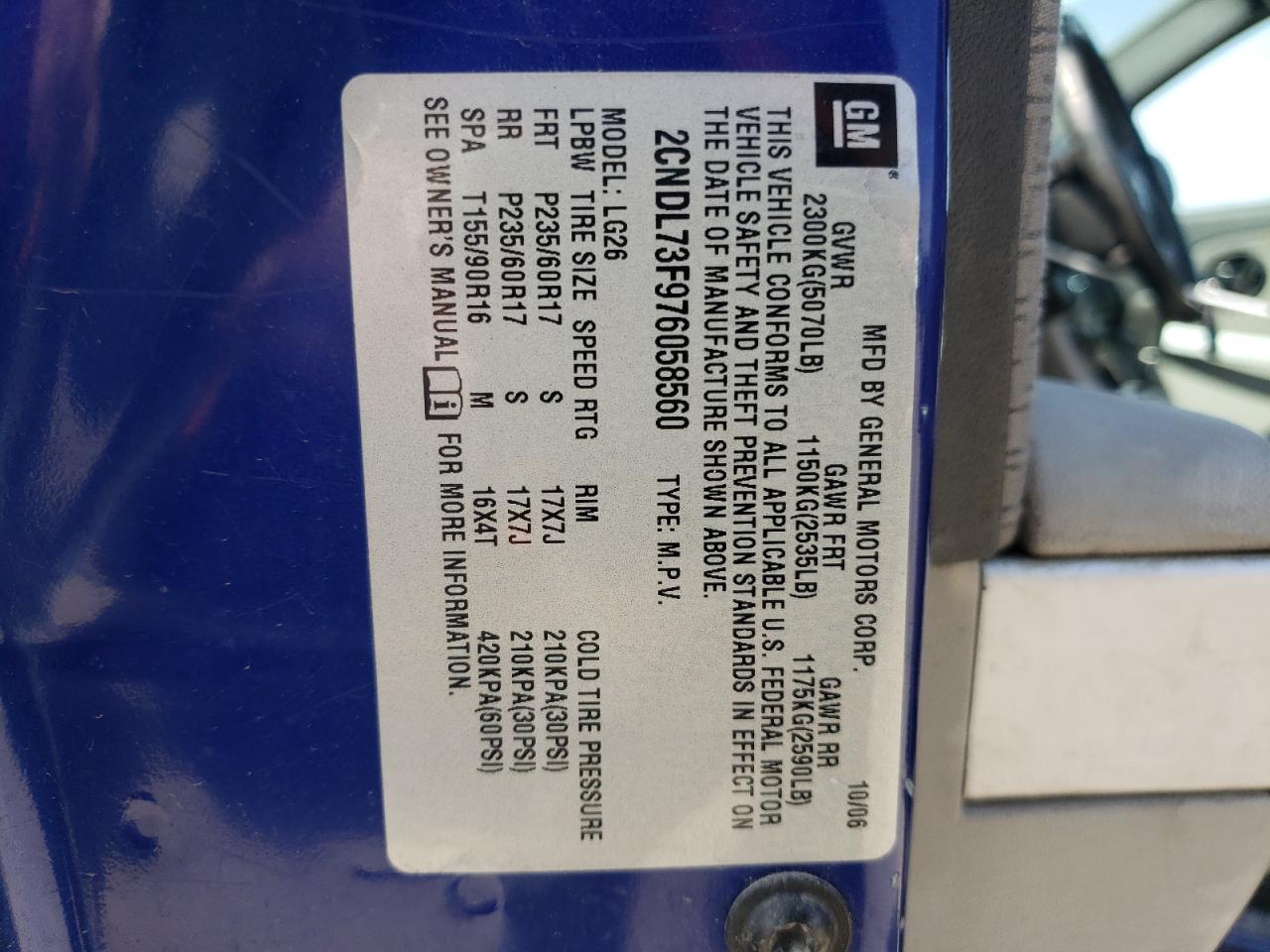 Photo 10 from auction – 2007 CHEVROLET EQUINOX LT with VIN 2CNDL73F976058560
