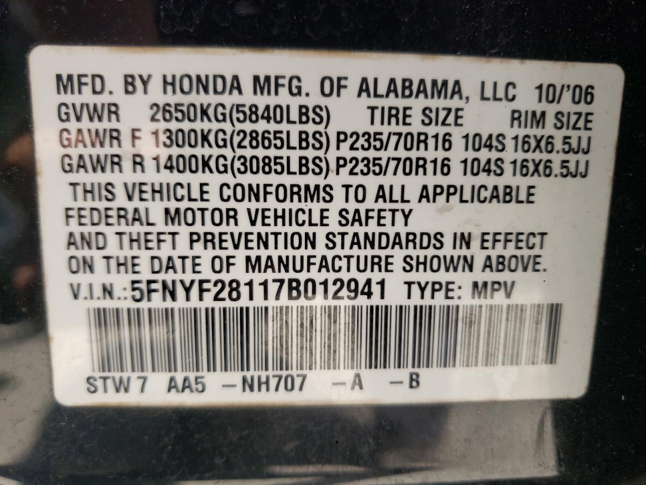 Foto 10 de la subasta – 2007 HONDA PILOT LX con VIN 5FNYF28117B012941