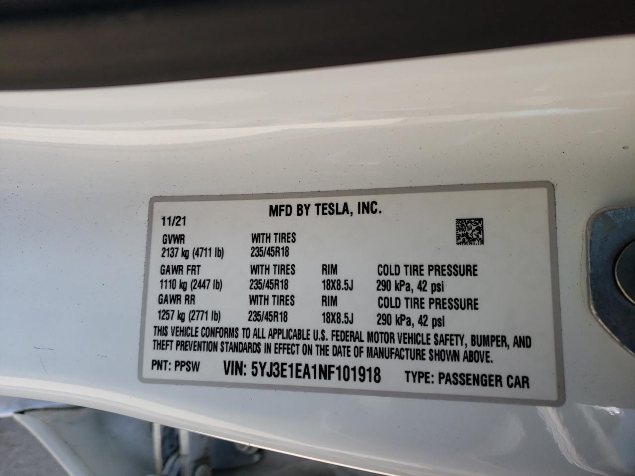 Photo 10 from auction – 2022 TESLA MODEL 3 with VIN 5YJ3E1EA1NF101918