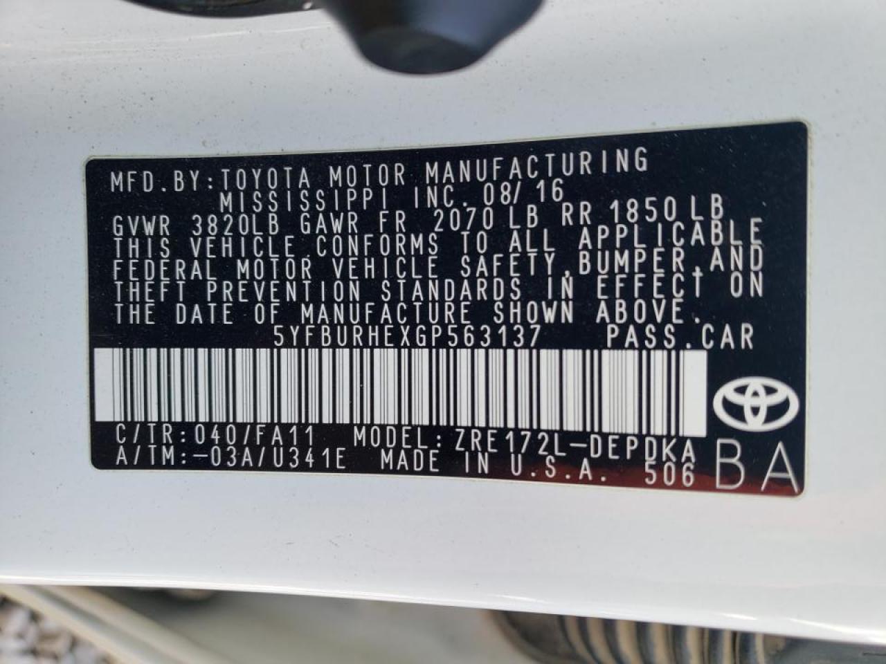 Photo 20 from auction – 2016 TOYOTA COROLLA with VIN 5YFBURHEXGP563137