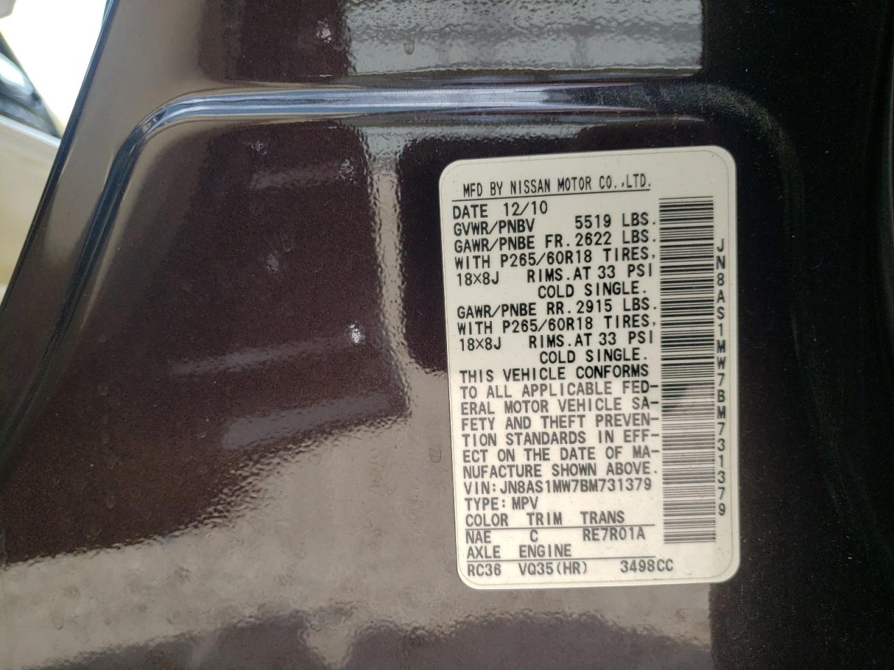 Photo 10 from auction – 2011 INFINITI FX35 with VIN JN8AS1MW7BM731379