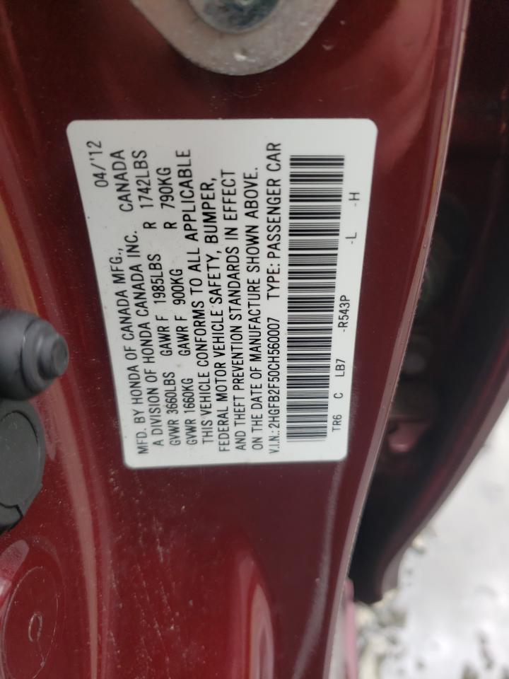 Photo 10 from auction – 2012 HONDA CIVIC LX with VIN 2HGFB2F50CH560007