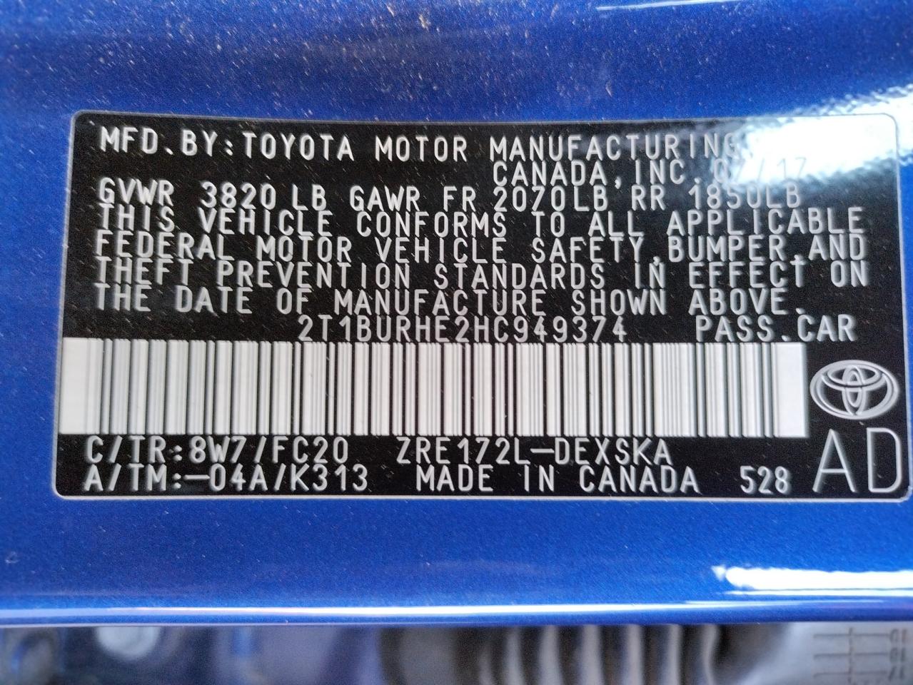 Photo 10 from auction – 2017 TOYOTA COROLLA L with VIN 2T1BURHE2HC949374