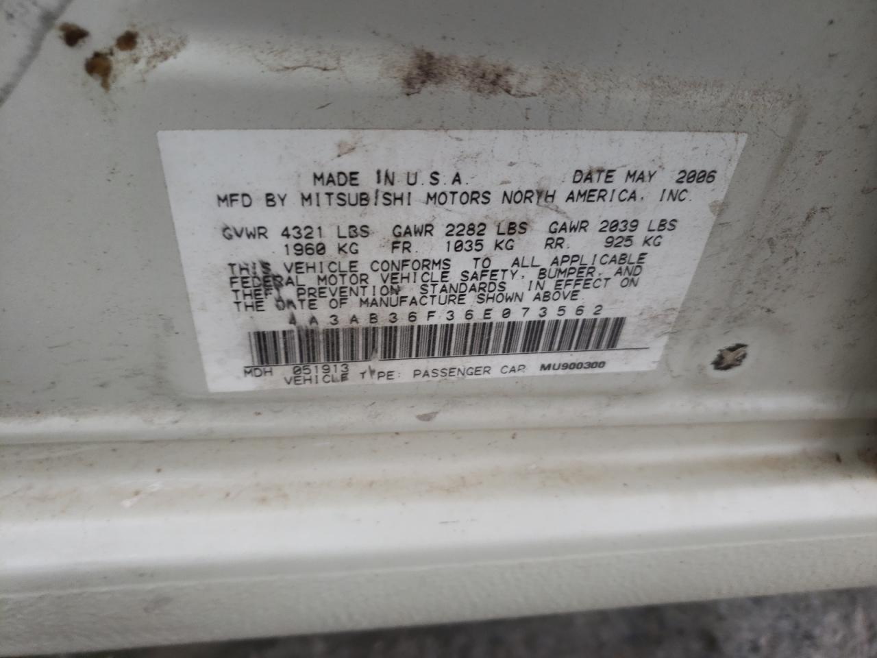 Photo 10 from auction – 2006 MITSUBISHI GALANT ES with VIN 4A3AB36F36E073562