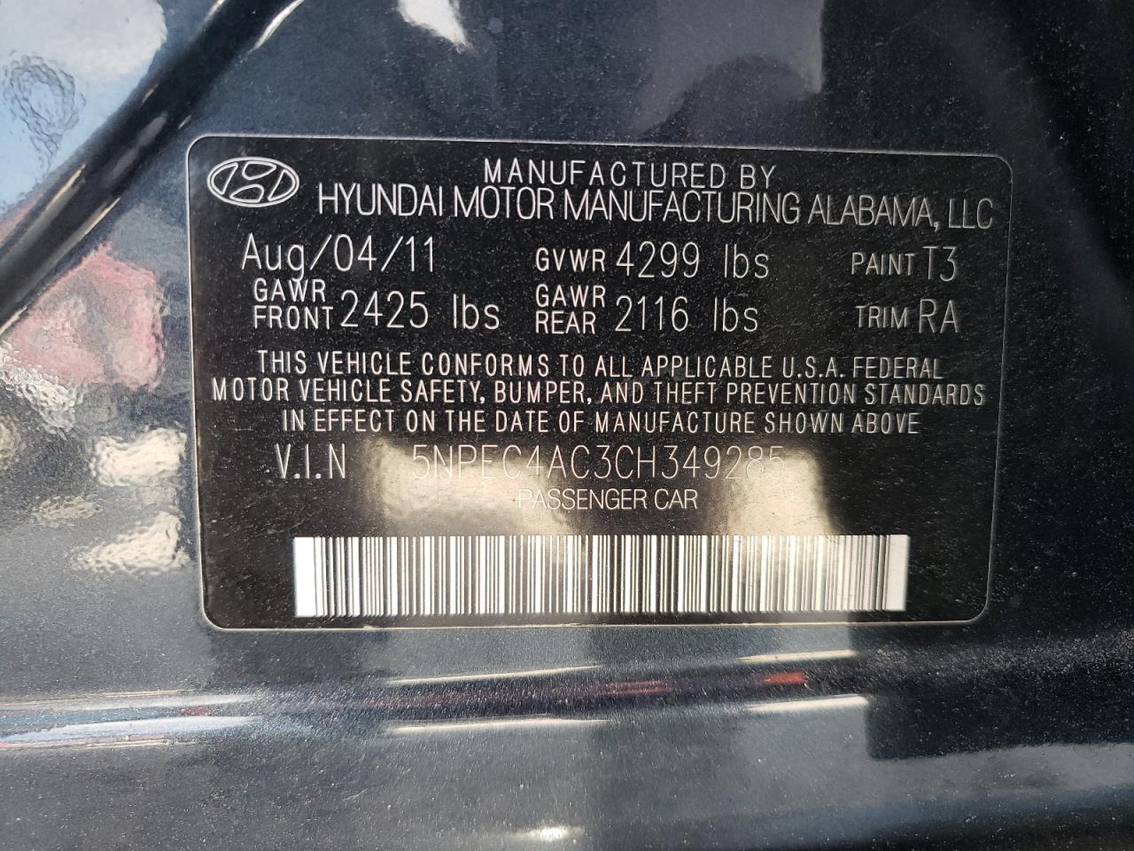 Photo 10 from auction – 2012 HYUNDAI SONATA SE with VIN 5NPEC4AC3CH349285