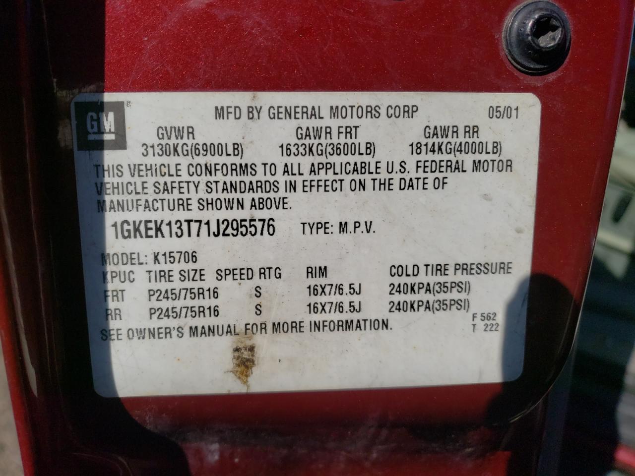 Photo 10 from auction – 2001 GMC YUKON with VIN 1GKEK13T71J295576
