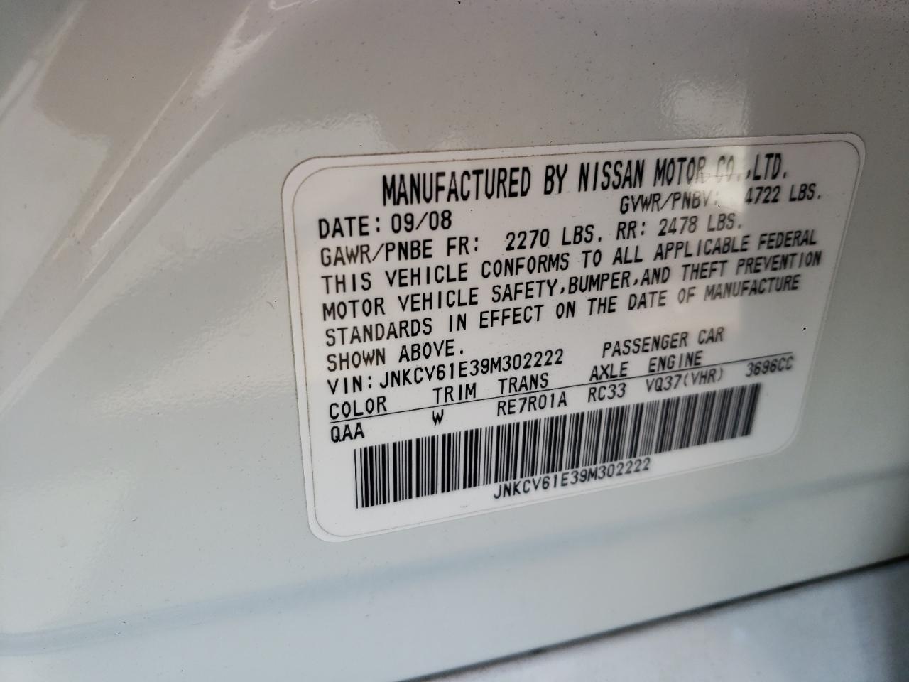 Photo 10 from auction – 2009 INFINITI G37 BASE with VIN JNKCV61E39M302222