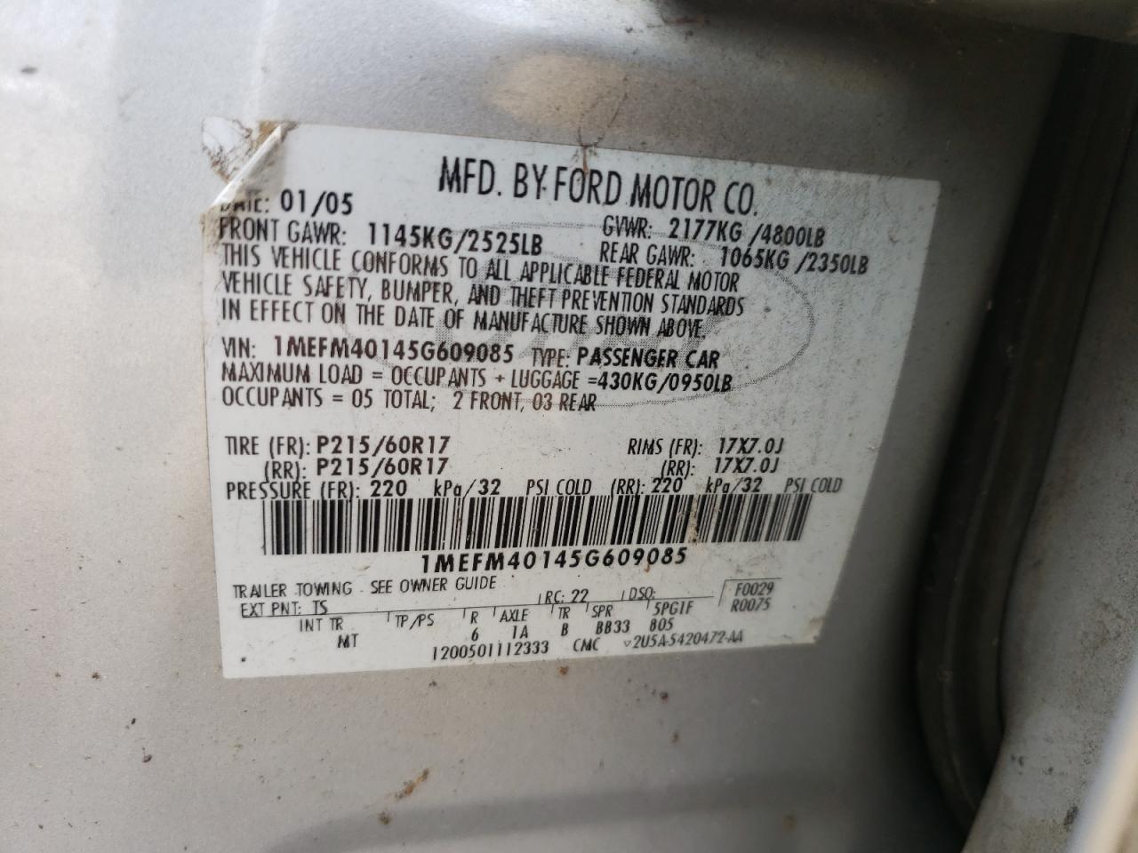 Photo 10 from auction – 2005 MERCURY MONTEGO LU with VIN 1MEFM40145G609085