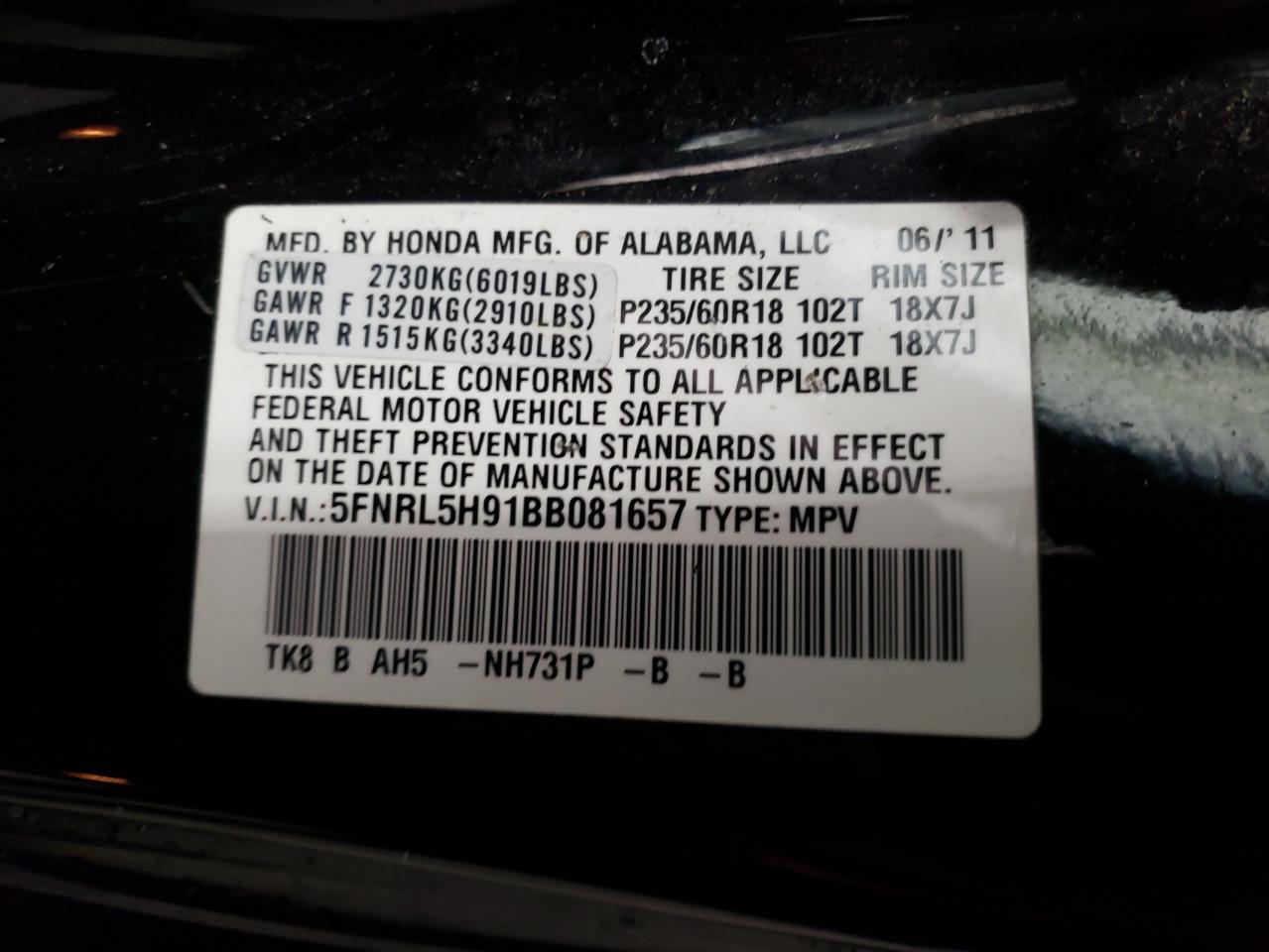Photo 10 from auction – 2011 HONDA ODYSSEY TO with VIN 5FNRL5H91BB081657