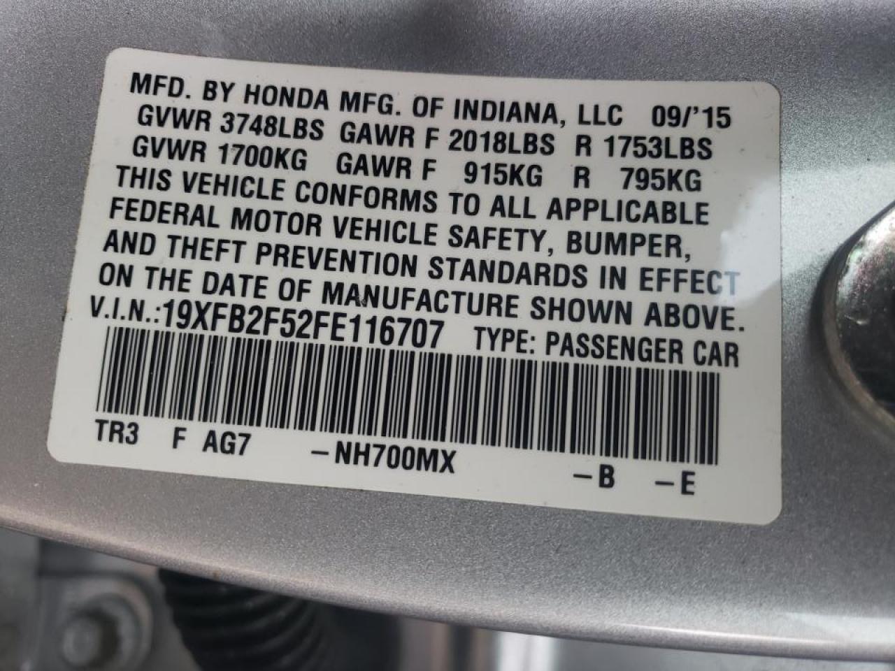 Photo 10 from auction – 2015 HONDA CIVIC LX with VIN 19XFB2F52FE116707