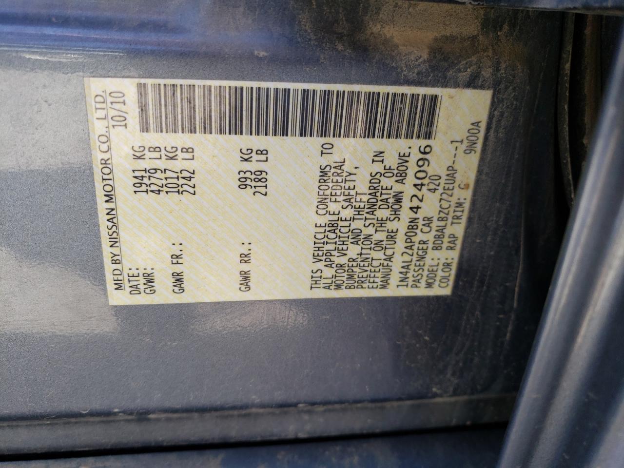 Photo 10 from auction – 2011 NISSAN ALTIMA BAS with VIN 1N4AL2AP0BN424096