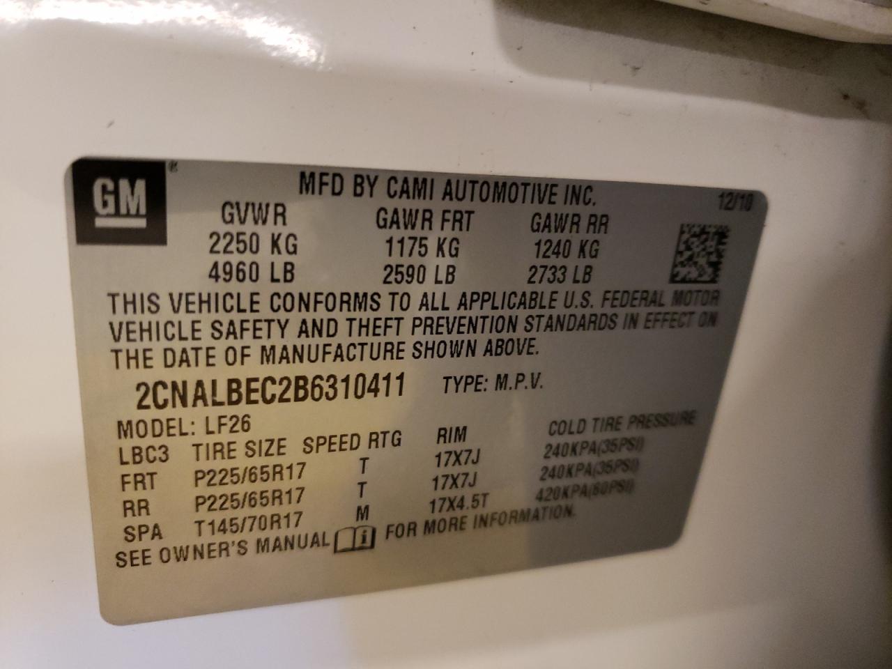 Photo 10 from auction – 2011 CHEVROLET EQUINOX LS with VIN 2CNALBEC2B6310411