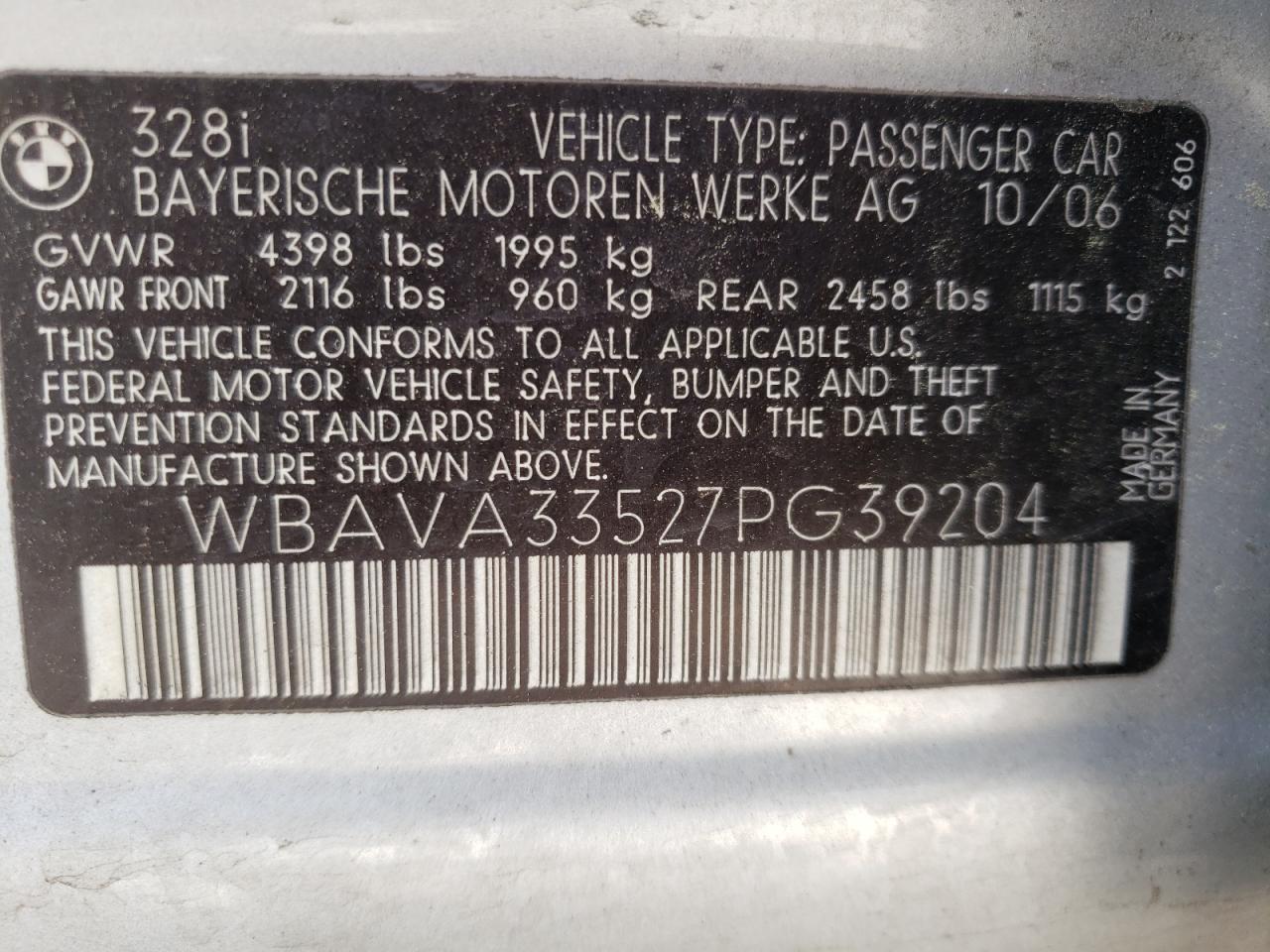 Foto 10 de la subasta – 2007 BMW 328 I con VIN WBAVA33527PG39204