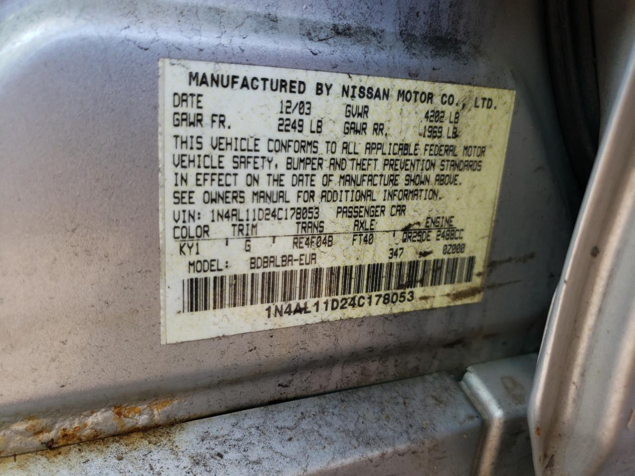 Photo 10 from auction – 2004 NISSAN ALTIMA BAS with VIN 1N4AL11D24C178053