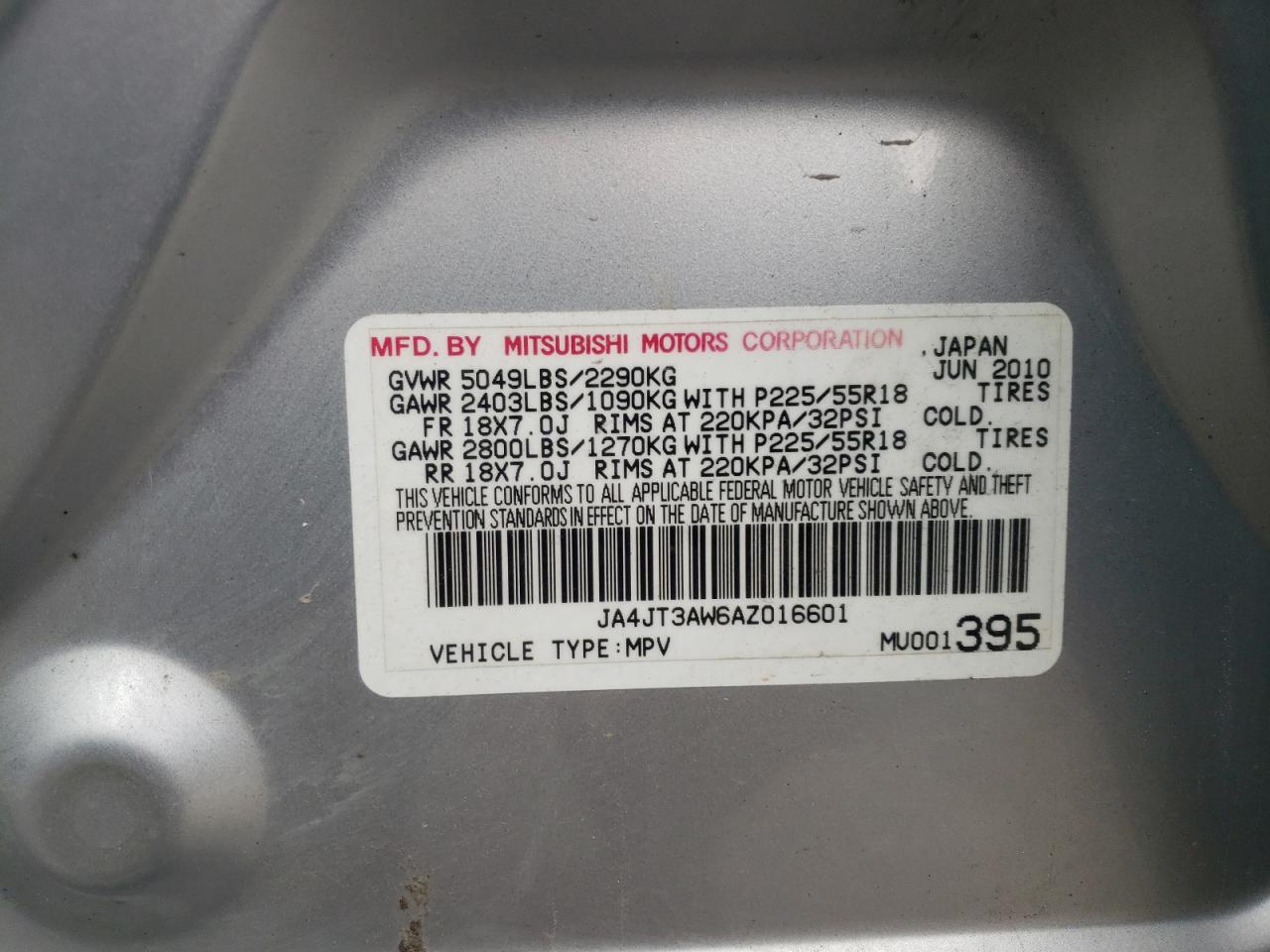Photo 10 from auction – 2010 MITSUBISHI OUTLANDER with VIN JA4JT3AW6AZ016601