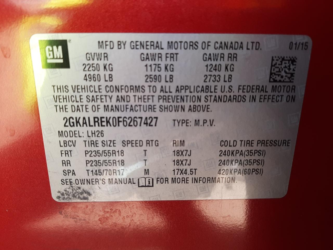 Photo 10 from auction – 2015 GMC TERRAIN SL with VIN 2GKALREK0F6267427