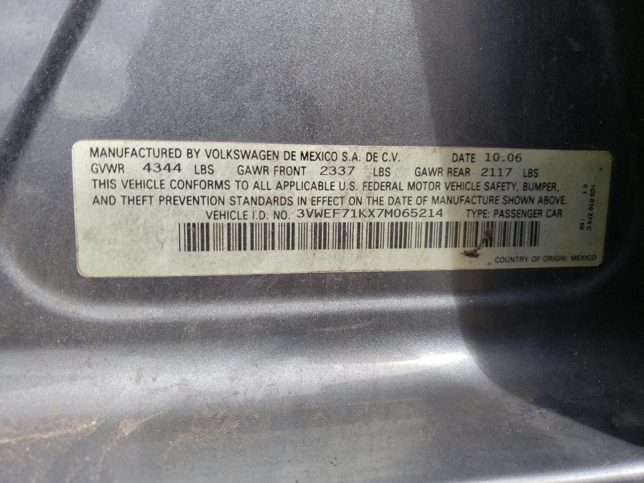 Photo 10 from auction – 2007 VOLKSWAGEN JETTA WOLF with VIN 3VWEF71KX7M065214