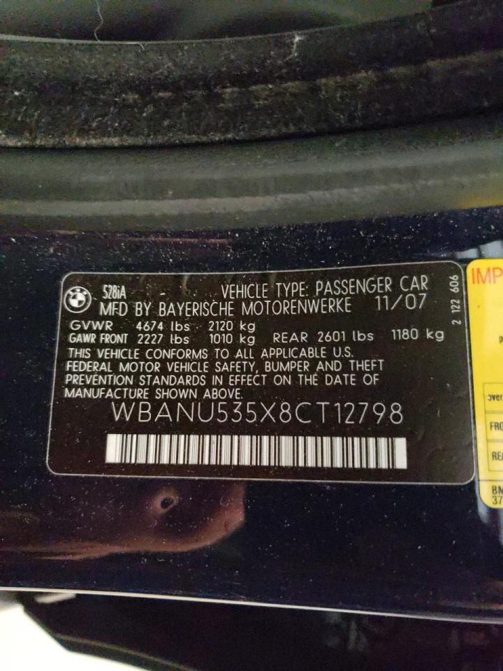 Photo 10 from auction – 2008 BMW 528 I with VIN WBANU535X8CT12798