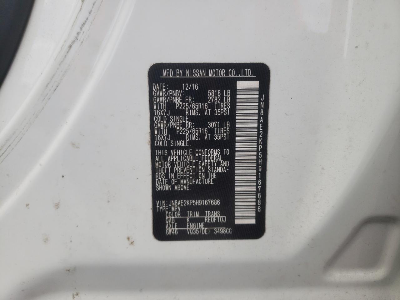 Photo 10 from auction – 2017 NISSAN QUEST S with VIN JN8AE2KP5H9167686