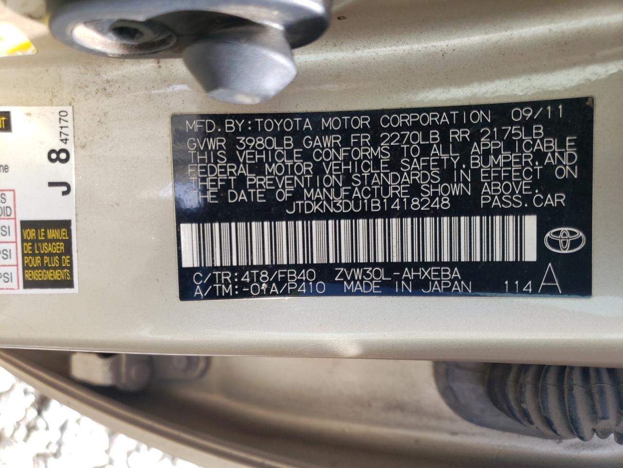 Photo 10 from auction – 2011 TOYOTA PRIUS with VIN JTDKN3DU1B1418248