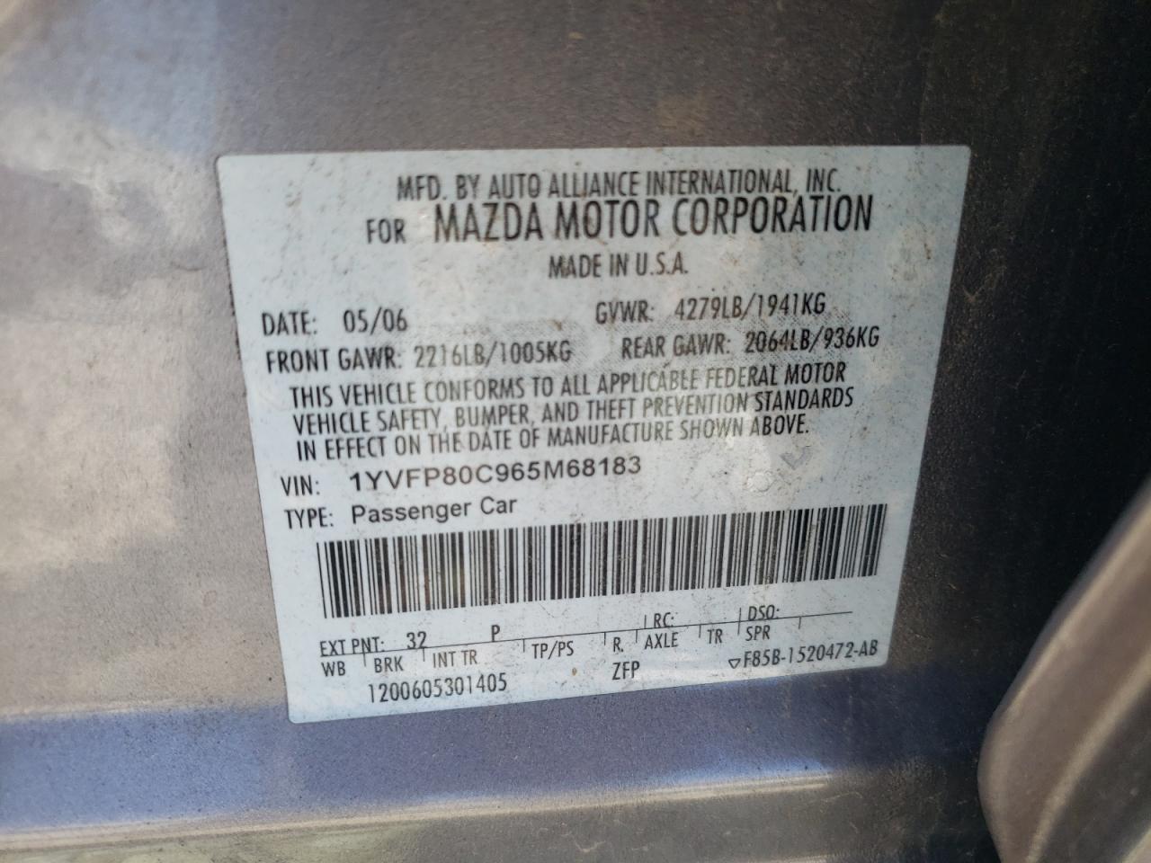 Photo 10 from auction – 2006 MAZDA 6 I with VIN 1YVFP80C965M68183