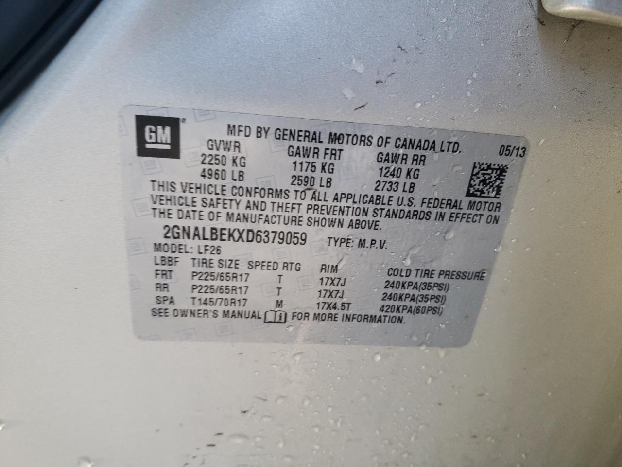 Photo 10 from auction – 2013 CHEVROLET EQUINOX LS with VIN 2GNALBEKXD6379059