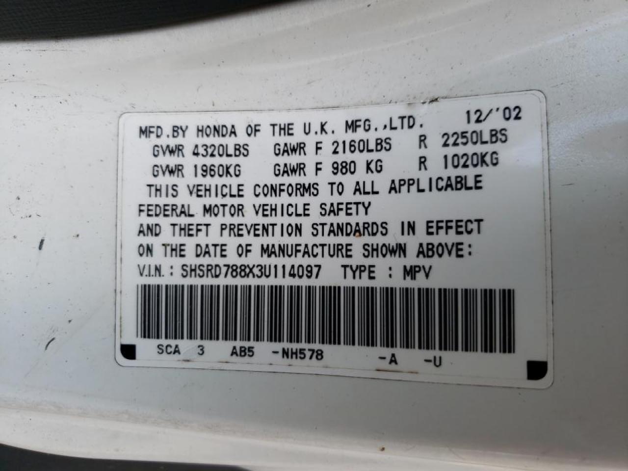 Photo 10 from auction – 2003 HONDA CR-V EX with VIN SHSRD788X3U114097