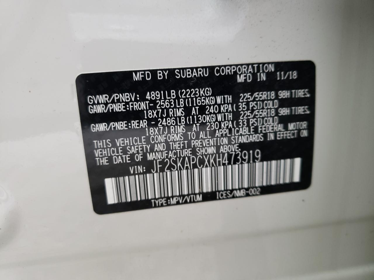 Photo 10 from auction – 2019 SUBARU FORESTER S with VIN JF2SKAPCXKH473919