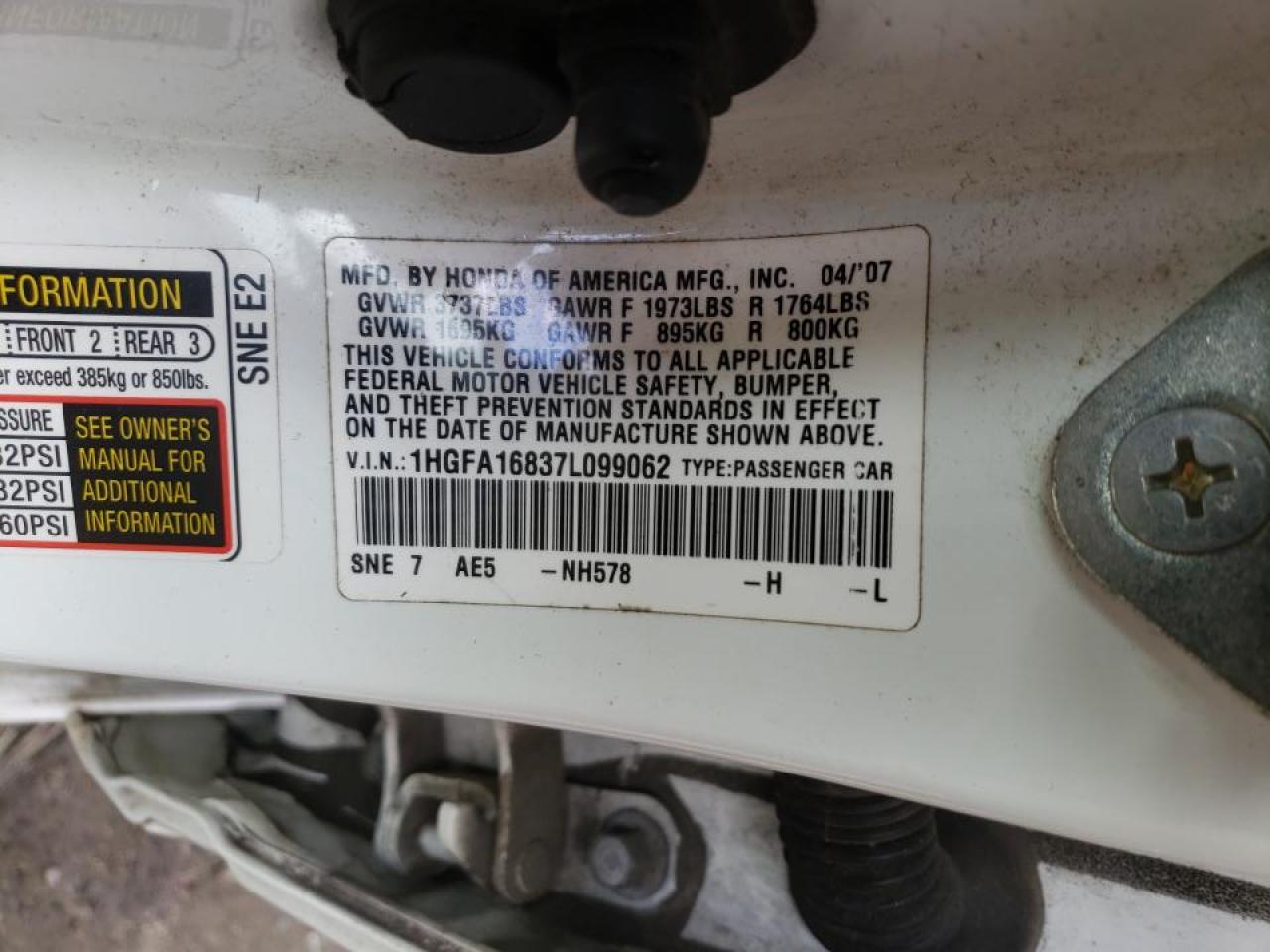 Photo 10 from auction – 2007 HONDA CIVIC EX with VIN 1HGFA16837L099062