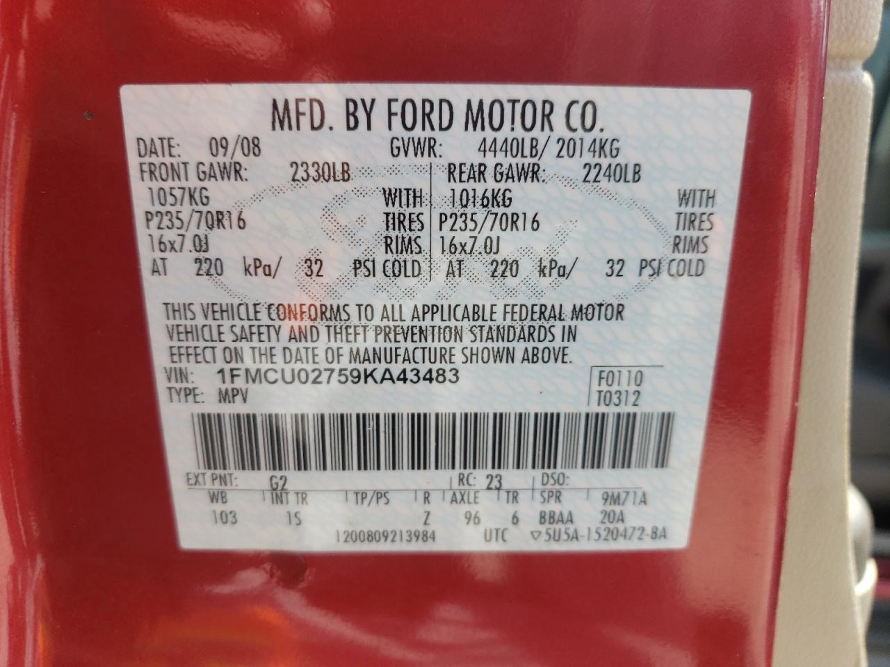 Photo 10 from auction – 2009 FORD ESCAPE XLS with VIN 1FMCU02759KA43483
