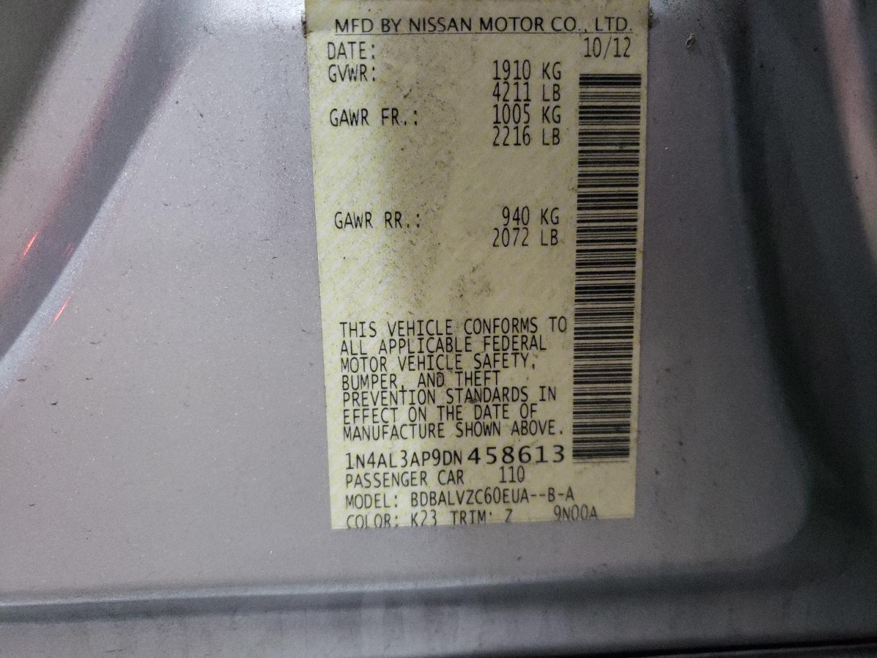 Photo 10 from auction – 2013 NISSAN ALTIMA 2.5 with VIN 1N4AL3AP9DN458613