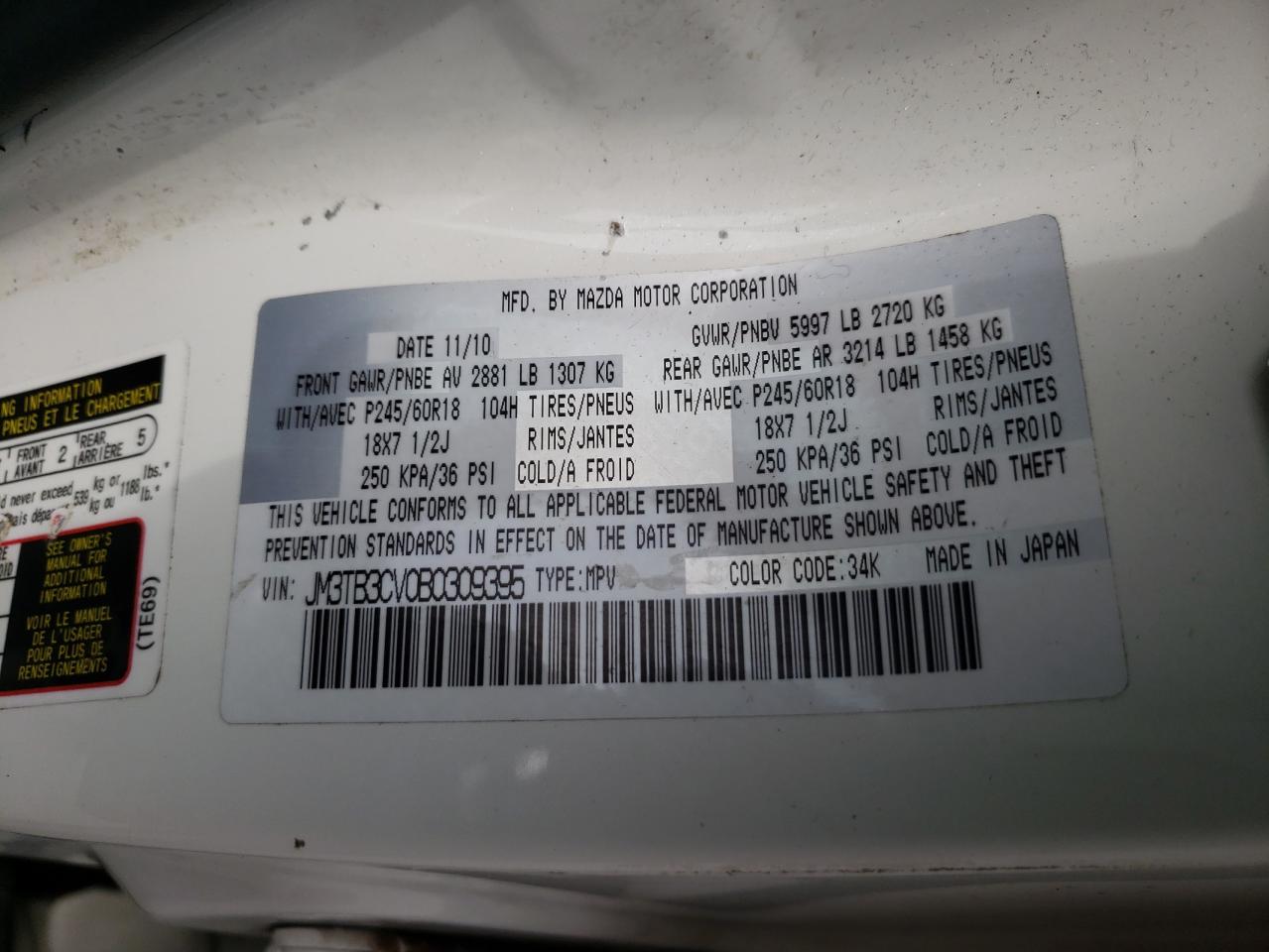 Photo 10 from auction – 2011 MAZDA CX-9 with VIN JM3TB3CV0B0309395
