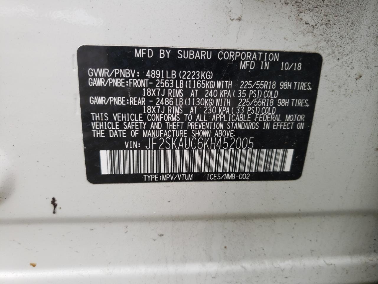 Photo 10 from auction – 2019 SUBARU FORESTER L with VIN JF2SKAUC6KH452005
