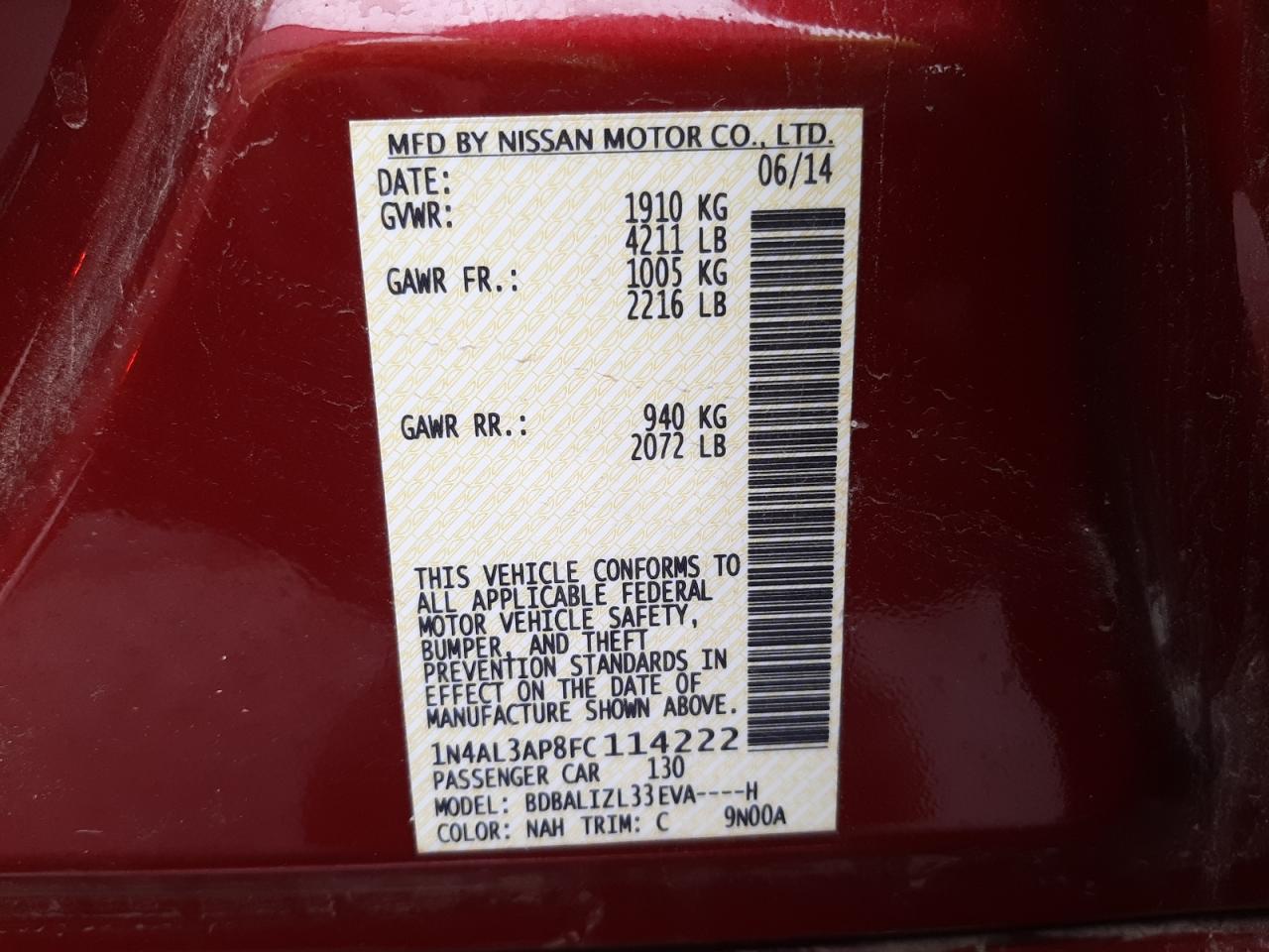 Photo 10 from auction – 2015 NISSAN ALTIMA 2.5 with VIN 1N4AL3AP8FC114222