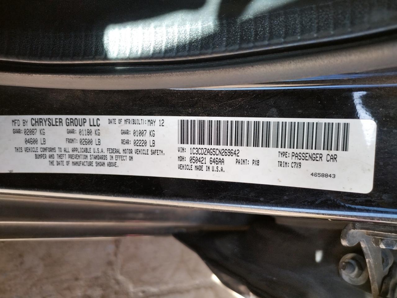 Photo 10 from auction – 2012 DODGE AVENGER SE with VIN 1C3CDZAG5CN269642