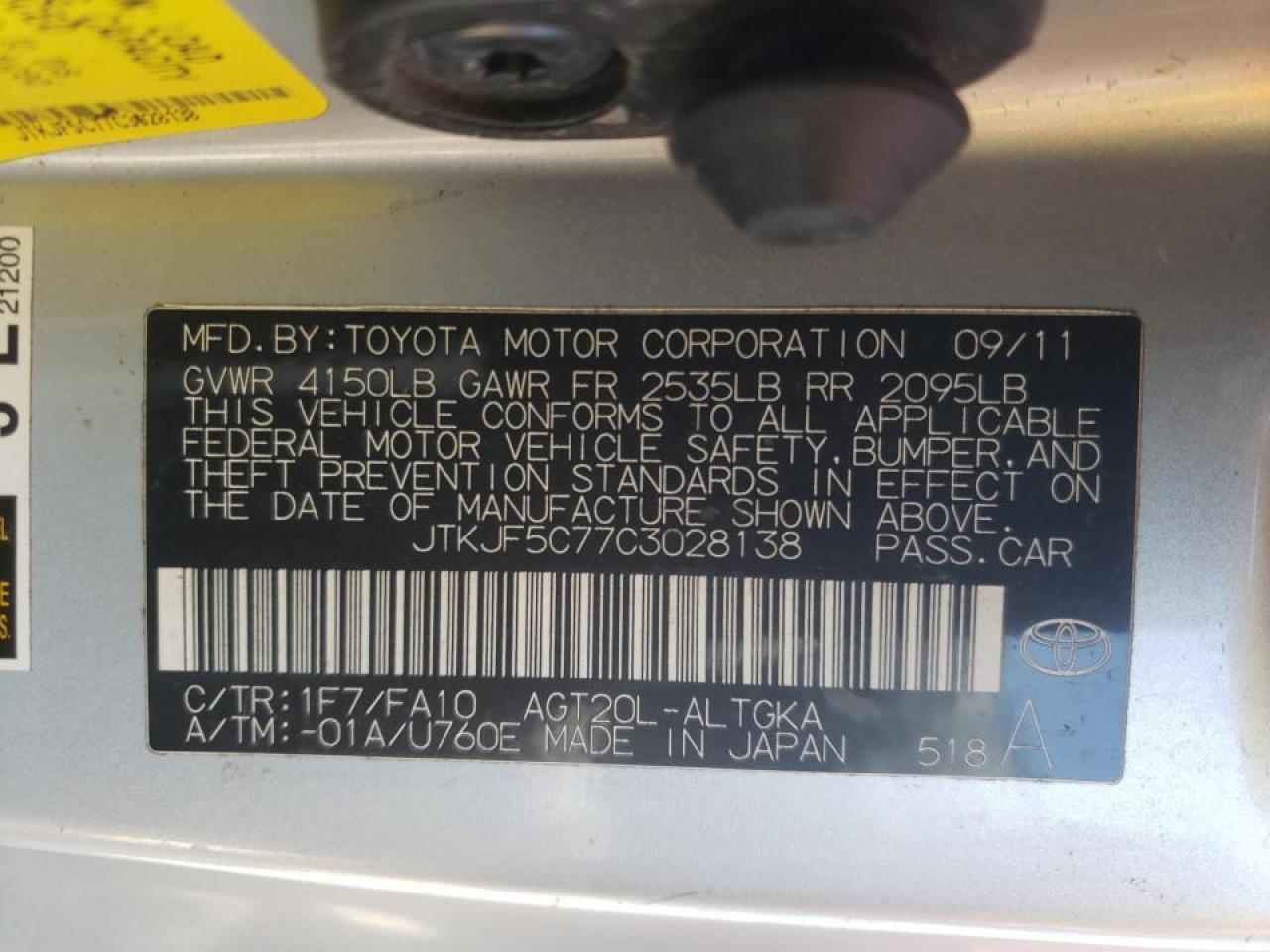 Photo 10 from auction – 2012 TOYOTA SCION TC with VIN JTKJF5C77C3028138